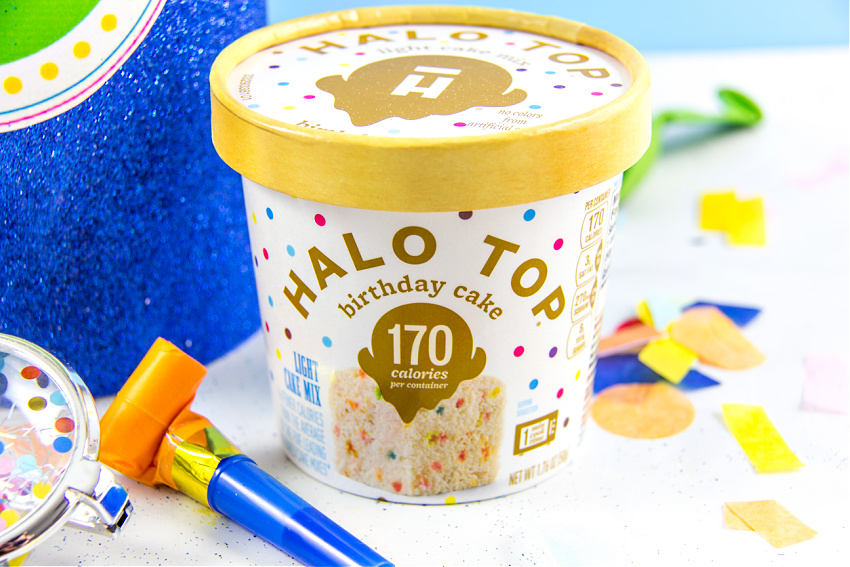 Halo Top individual birthday cake in a microwave container for college students