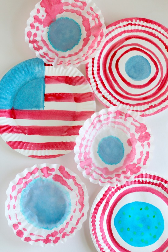 A collection of patriotic crafts including 4th of July ribbon crafts, patriotic wind catchers, and paper plate patriotic hats.