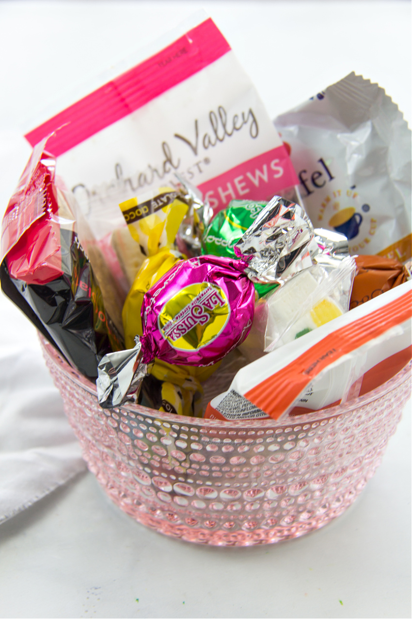 gourmet candy inside a pretty pink dish to give as a gift