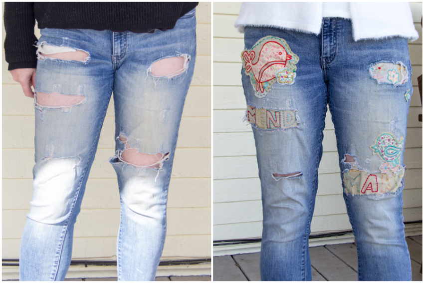 before and after patching distressed womens denim jeans