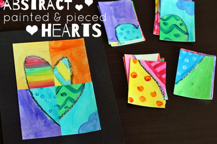 Abstract painted and pieced hearts for Valentine's Day