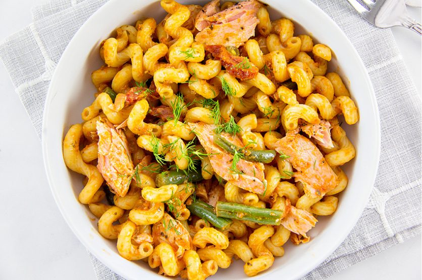 cellentani pasta with salmon and beans