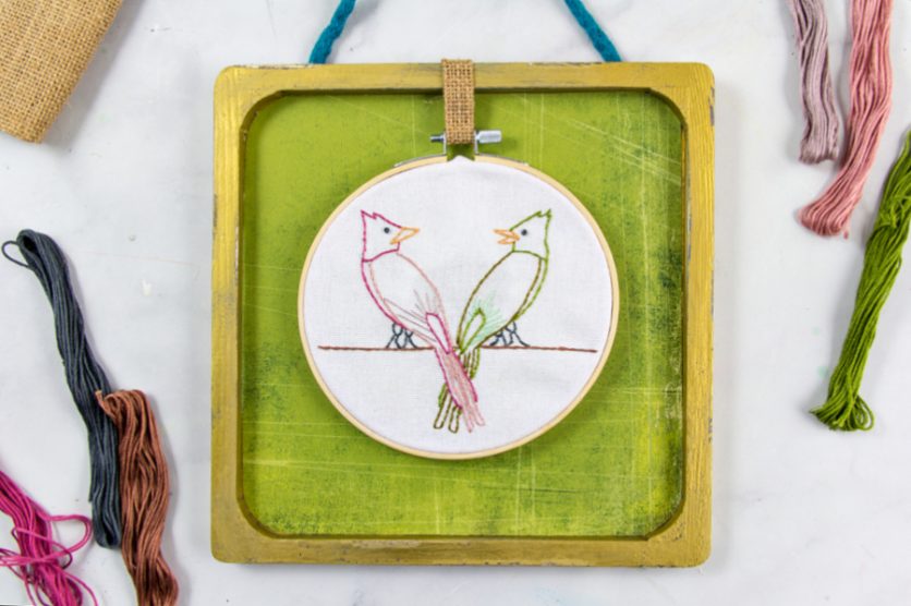 lovebirds embroidery hoop in painted wood frame