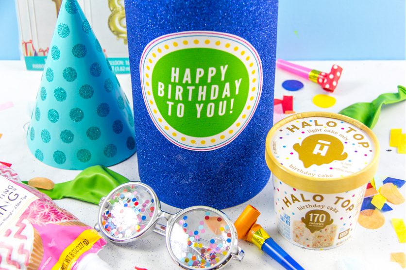 an oatmeal container turned into a birthday gift full of celebration ideas for college students