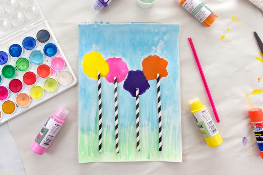 truffula trees art for preschoolers using blow painting and watercolors