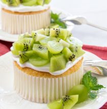 mini angel food cake with kiwi fruit and green grapes