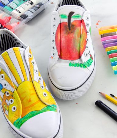 shoelaces removed from hand painted shoes and then the shoes are glue together