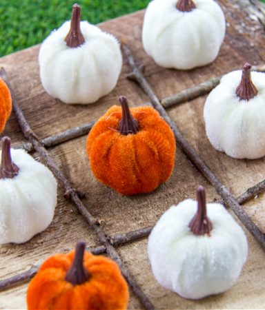 fall diy tic tac toe board with mini faux pumpkins