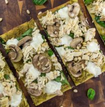 flatbread pizza with chicken pesto pine nuts spinach and mushrooms