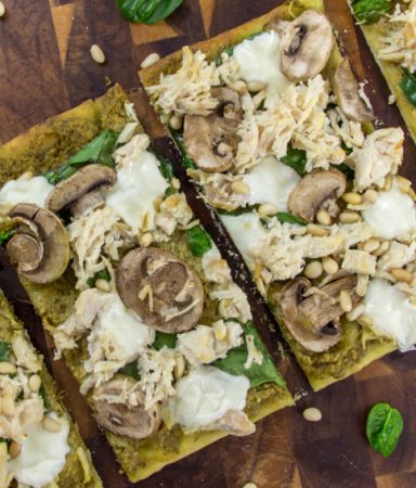 flatbread pizza with chicken pesto pine nuts spinach and mushrooms