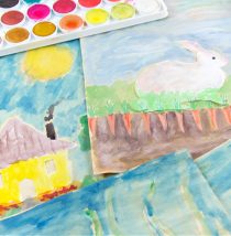 a house, bunny, and duck watercolor art project for kids.