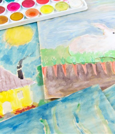 a house, bunny, and duck watercolor art project for kids.