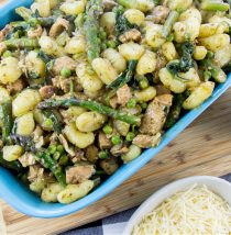 gnocchi with pesto fresh greens and marinated chicken