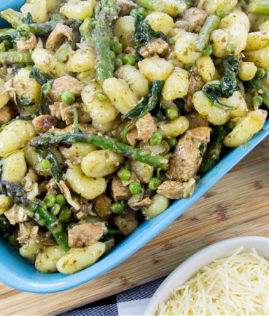 gnocchi with pesto fresh greens and marinated chicken