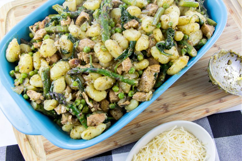 gnocchi with pesto fresh greens and marinated chicken