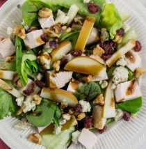 autumn pear and turkey salad with gorgonzola, walnuts, and dried cranberries