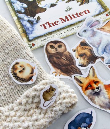 a knit mitten with laminated animals for children's The Mitten activities