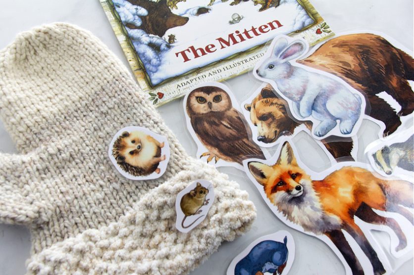 a knit mitten with laminated animals for children's The Mitten activities