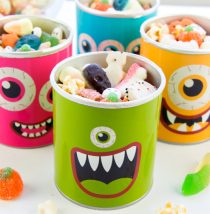 Halloween snack mix for kids put in old pringles and the good company potato chip containers