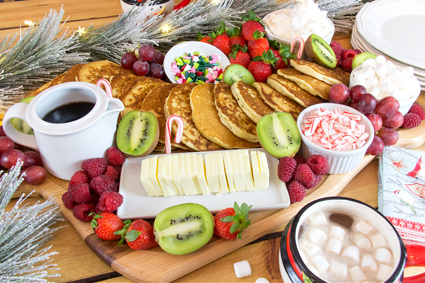 a breakfast pancake board for christmas morning