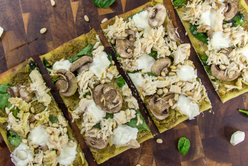 flatbread pizza with chicken pesto pine nuts spinach and mushrooms