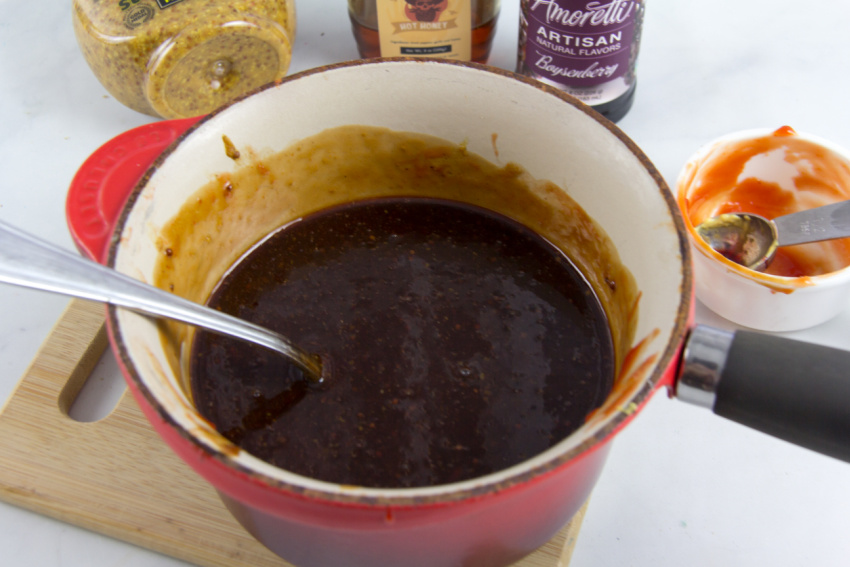 homemade boysenberry barbecue sauce in a saucepan