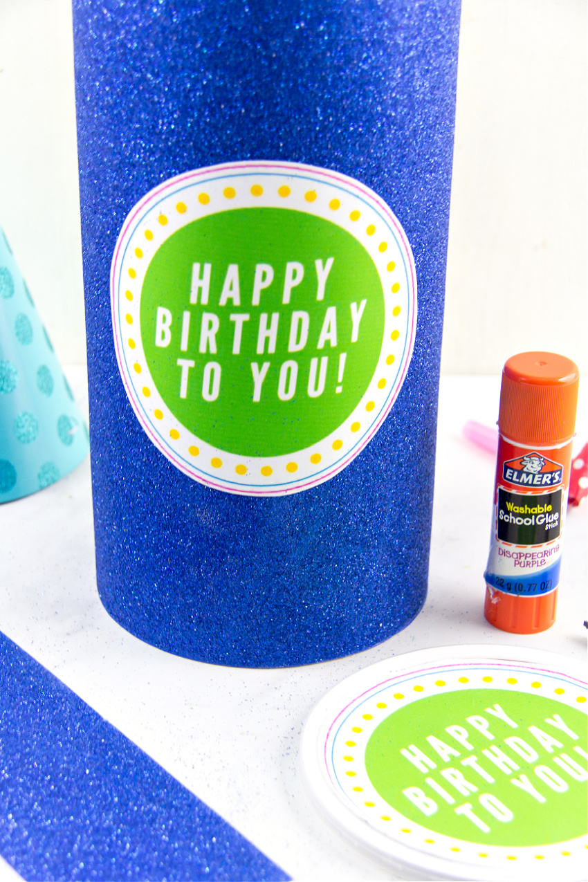 diy birthday box made out of an oatmeal container to fill with gifts for college students