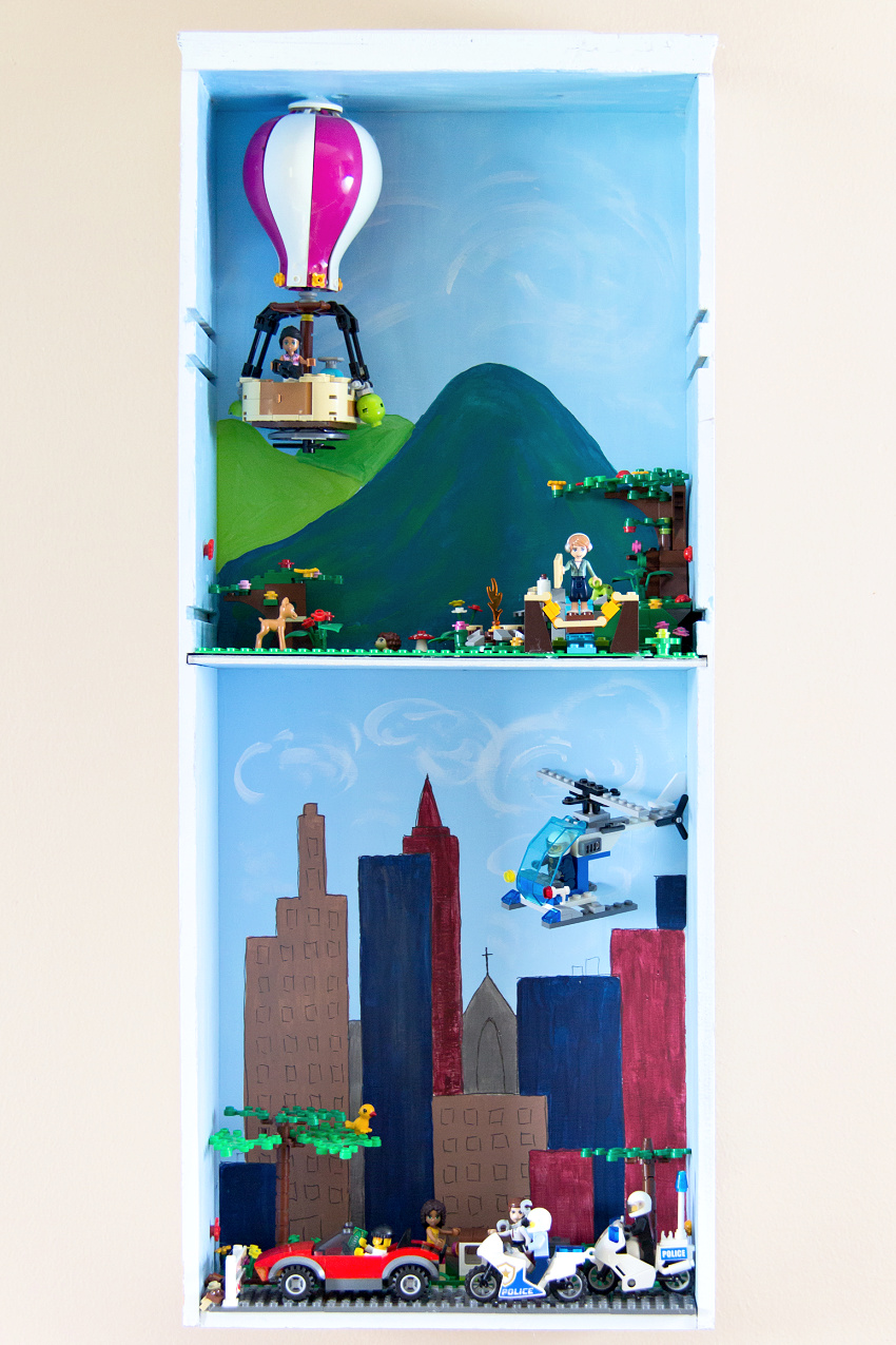 a diy lego display idea that uses an old drawer as a shelf to mount on the wall