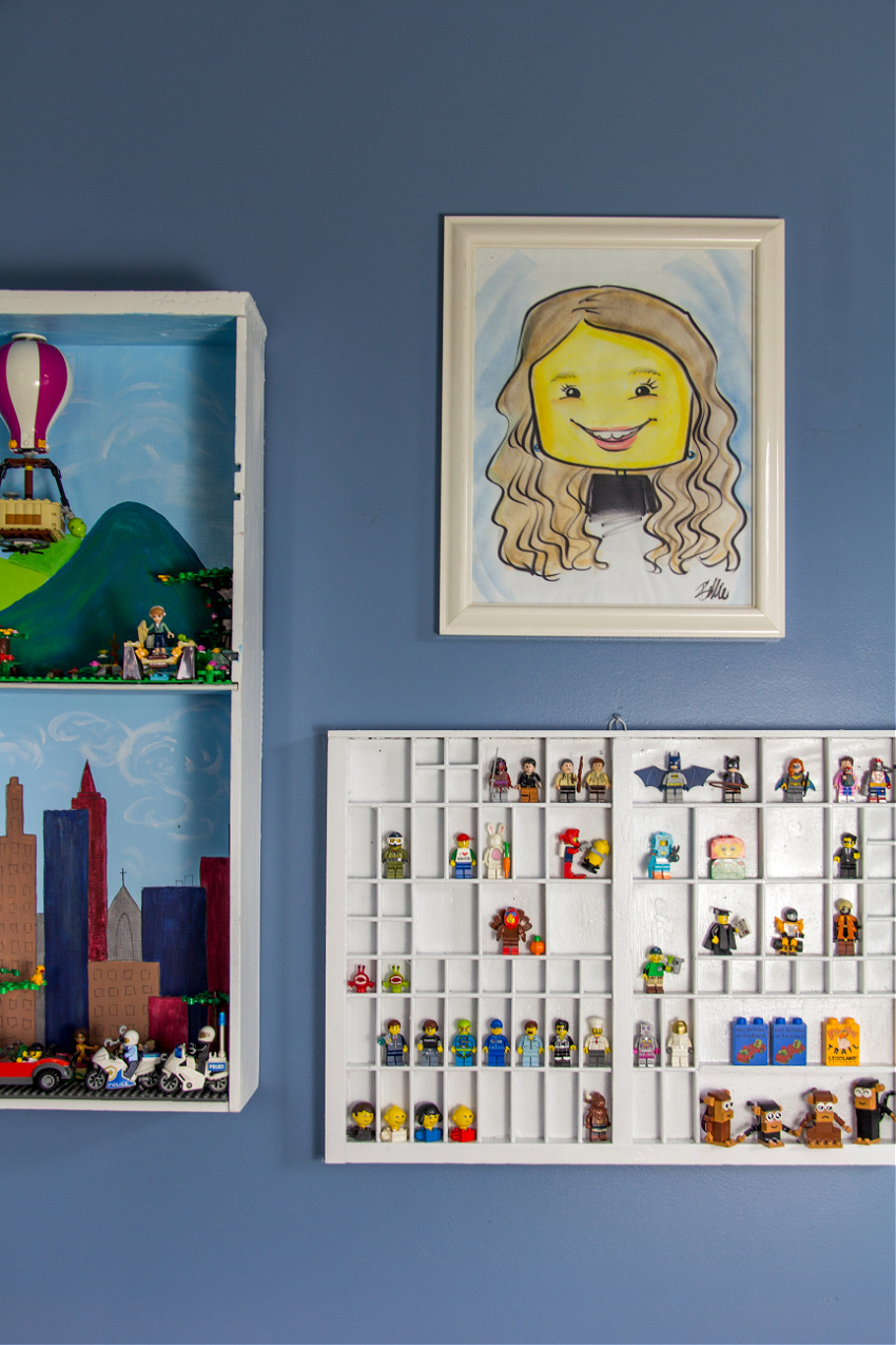 diy lego display using a printers typeset tray and an old drawer