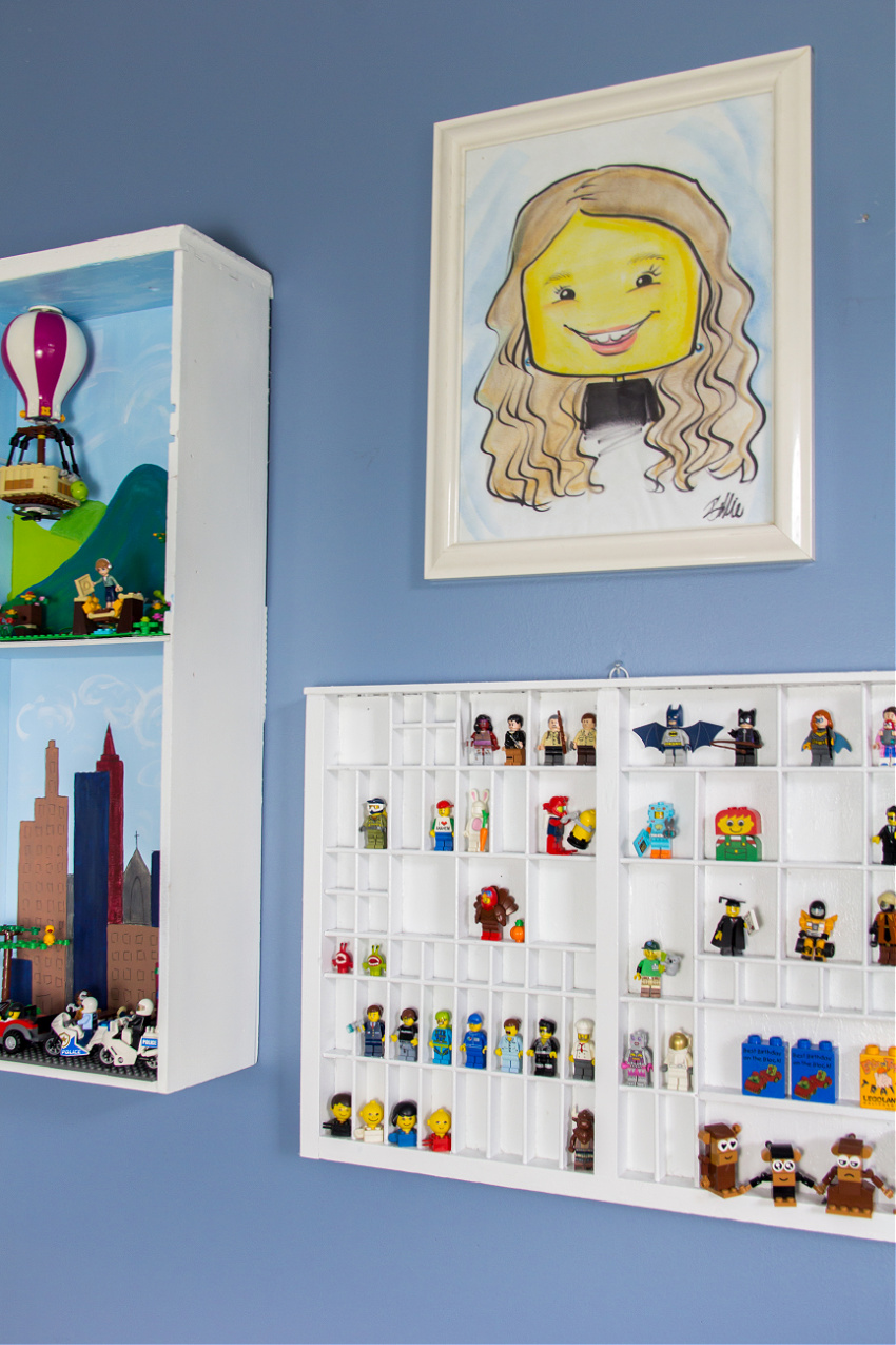 lego picture, lego displayed in a drawer, and LEGO minifigures displayed in a printers typeset tray