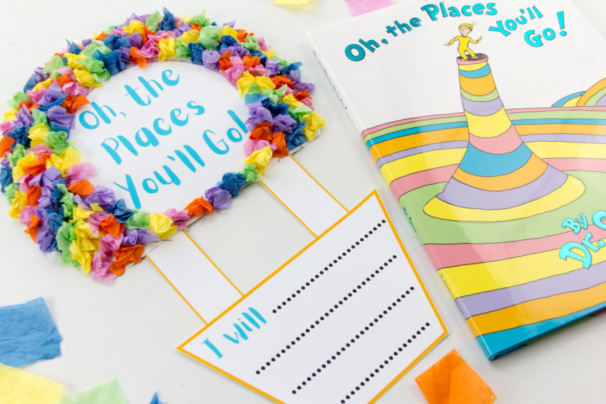 dr seuss oh the places you'll go hot air balloon craft and writing activity for kids