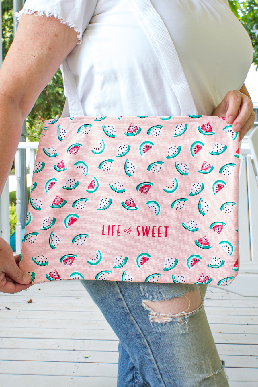 A watermelon tea towel turned into a tote bag for summer.
