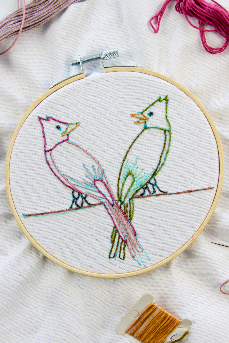 pink and green love birds embroidery