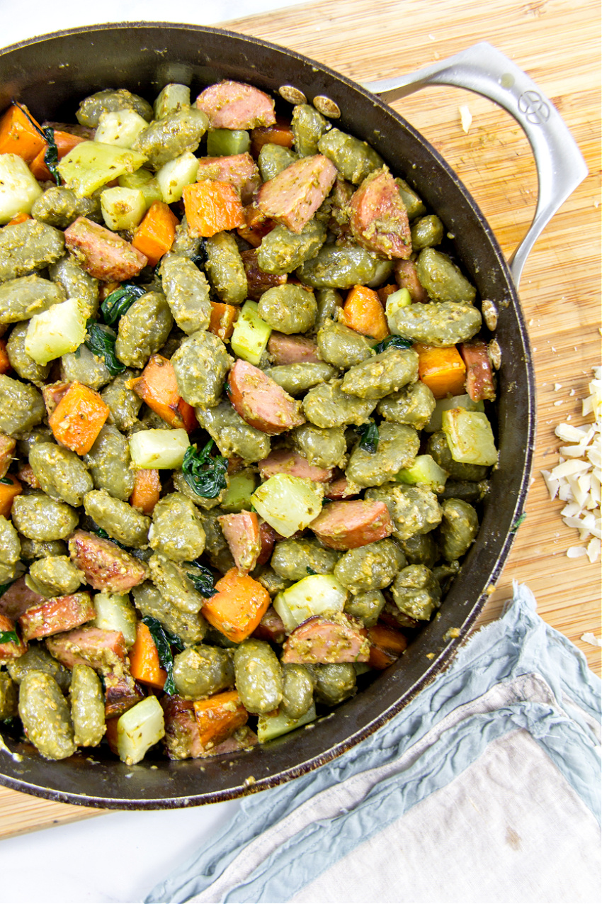 pesto gnocchi with sweet potato squash and kielbasa