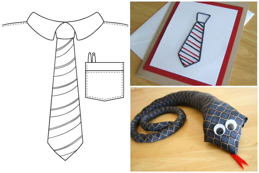 a collage including a fathers day tie coloring page, fathers day tie card homemade, and a fathers day tie craft for kids