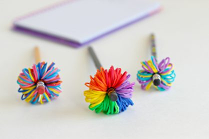 Pencil Topper Pom Poms with Rainbow Loom Bands