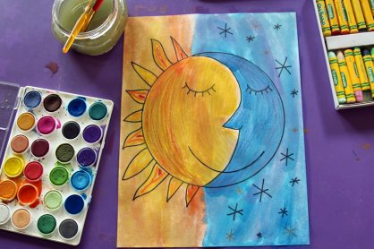 Sun and moon watercolor resist art project