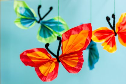 This Tissue Paper Butterfly Mobile Craft is a beautiful decoration for summer or spring. Fun to do with kids & just needs some tissue paper & pipe cleaners!
