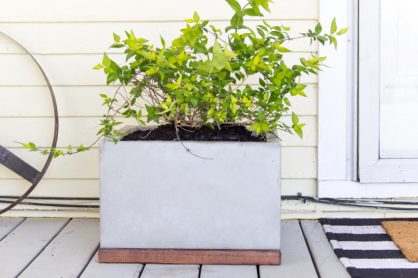 a handmade square concrete and wood planter
