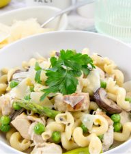 grilled chicken spring pasta with asparagus, peas, and mushrooms