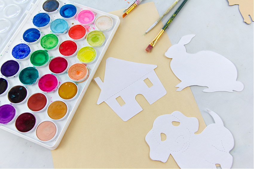 watercolor paint, blank images and paper to create process watercolor art for kids