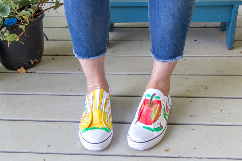 hand painted shoes inspired by Eric Carle for students and teachers