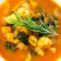 a harvest soup with potatoes, butternut squash, cucuzza squash, and kale