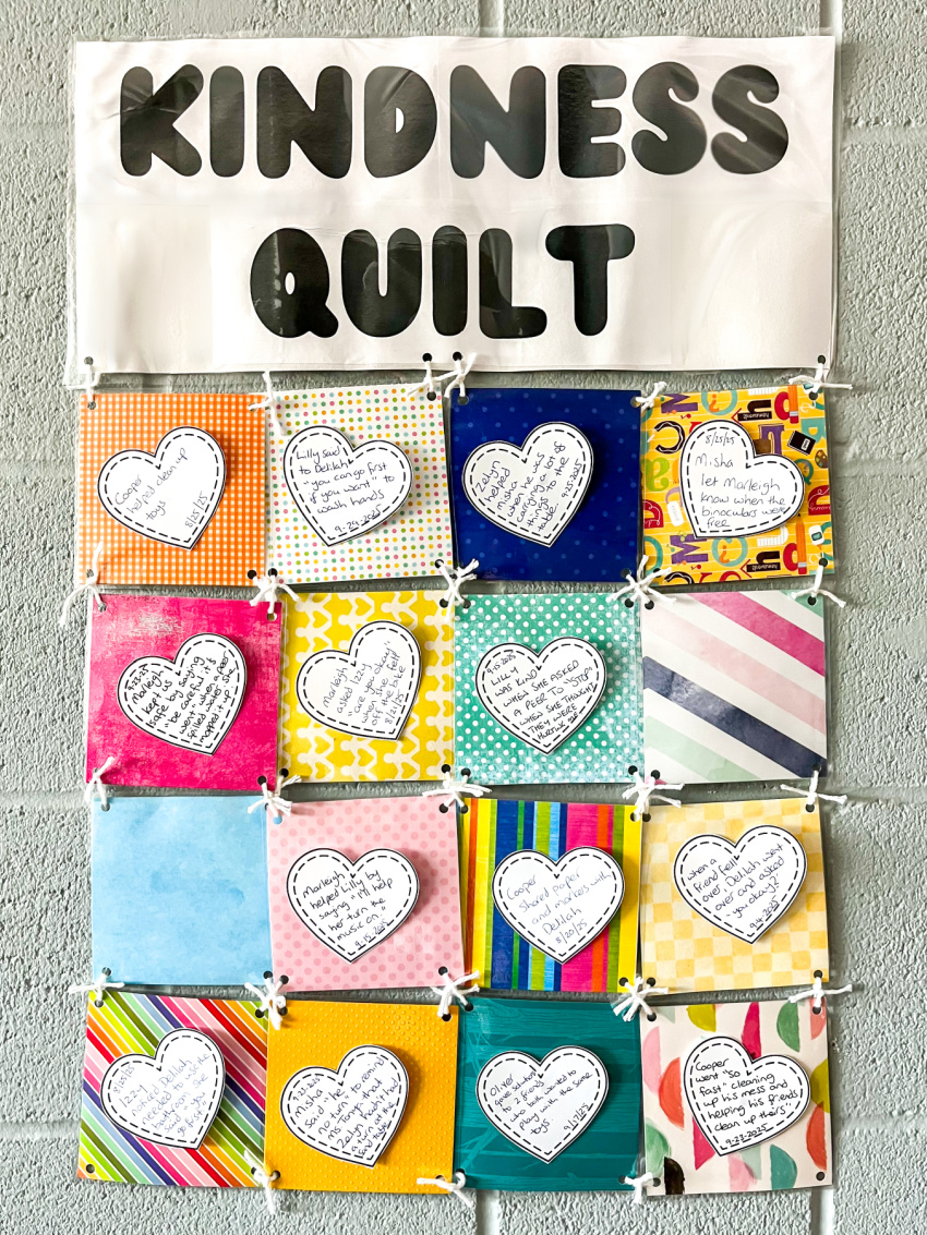 classroom kindness quilt with heart shaped messages on it