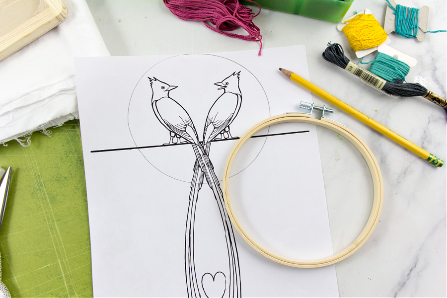 The size of an embroidery hoop traced over a coloring page to make an embroidery pattern