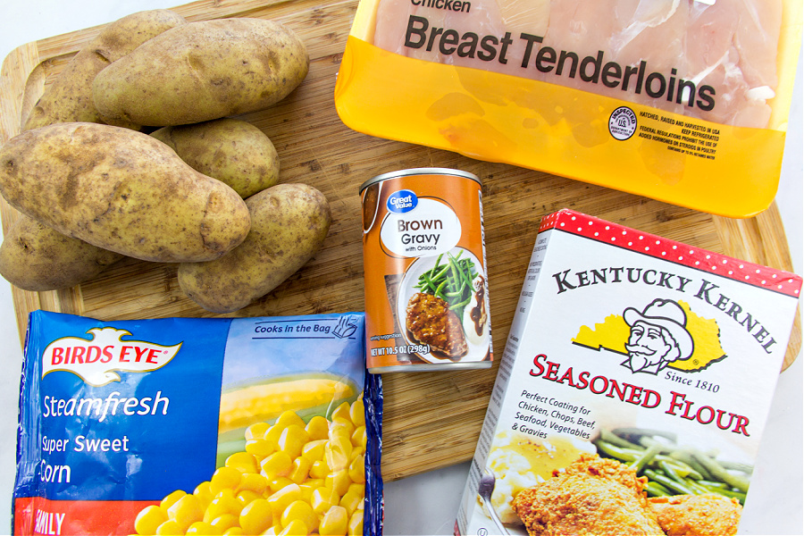 ingredients to make fried chicken strips with mashed potatoes