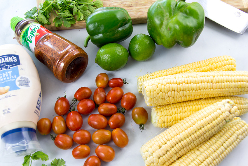 cherry tomatoes, corn, green pepper, cilantro to make street corn salad