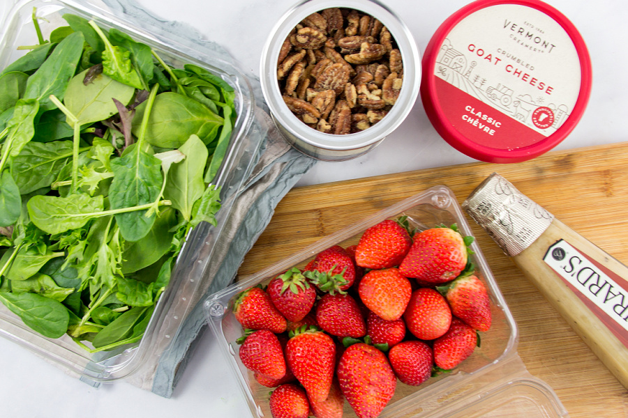 spring salad mix, strawberries, pecans, goat cheese, and champagne vinaigrette to make valentines day salad