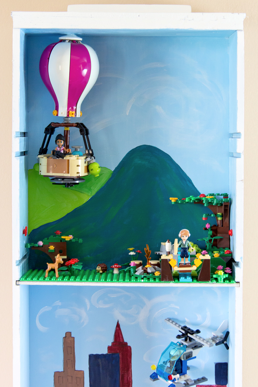 lego friends hot air balloon set displayed on a diy shelf