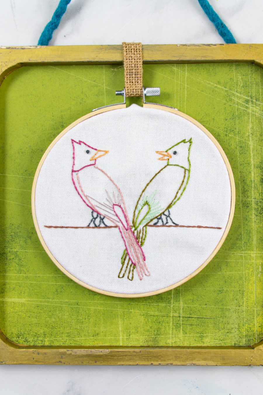 pink and green love birds embroidery